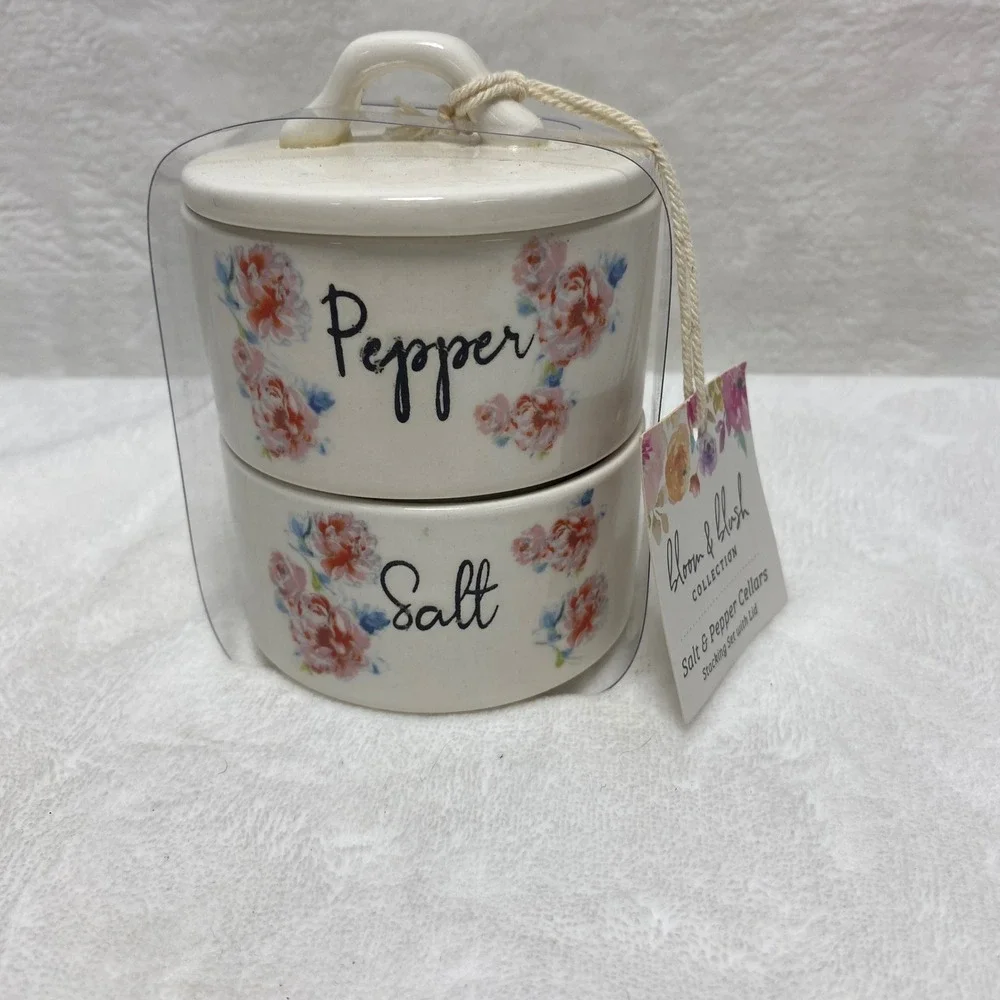 Stackable Salt & Pepper‎ Cellar Ceramic Floral Kitchen Design Christmas Gift New